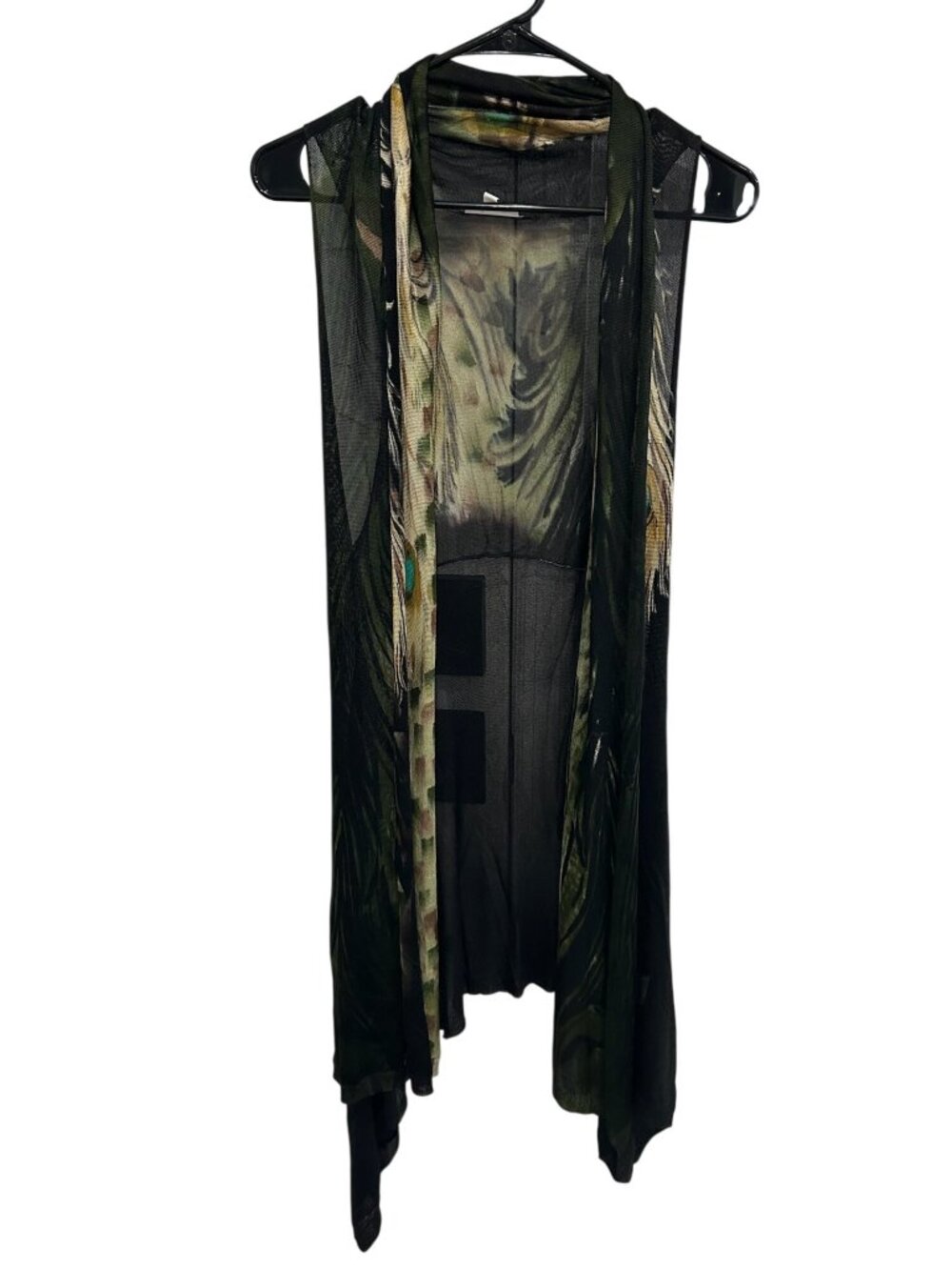 Adore Medium Black Sheer Peacock Feather Print Cardigan Vest Whimsical Boho Chic